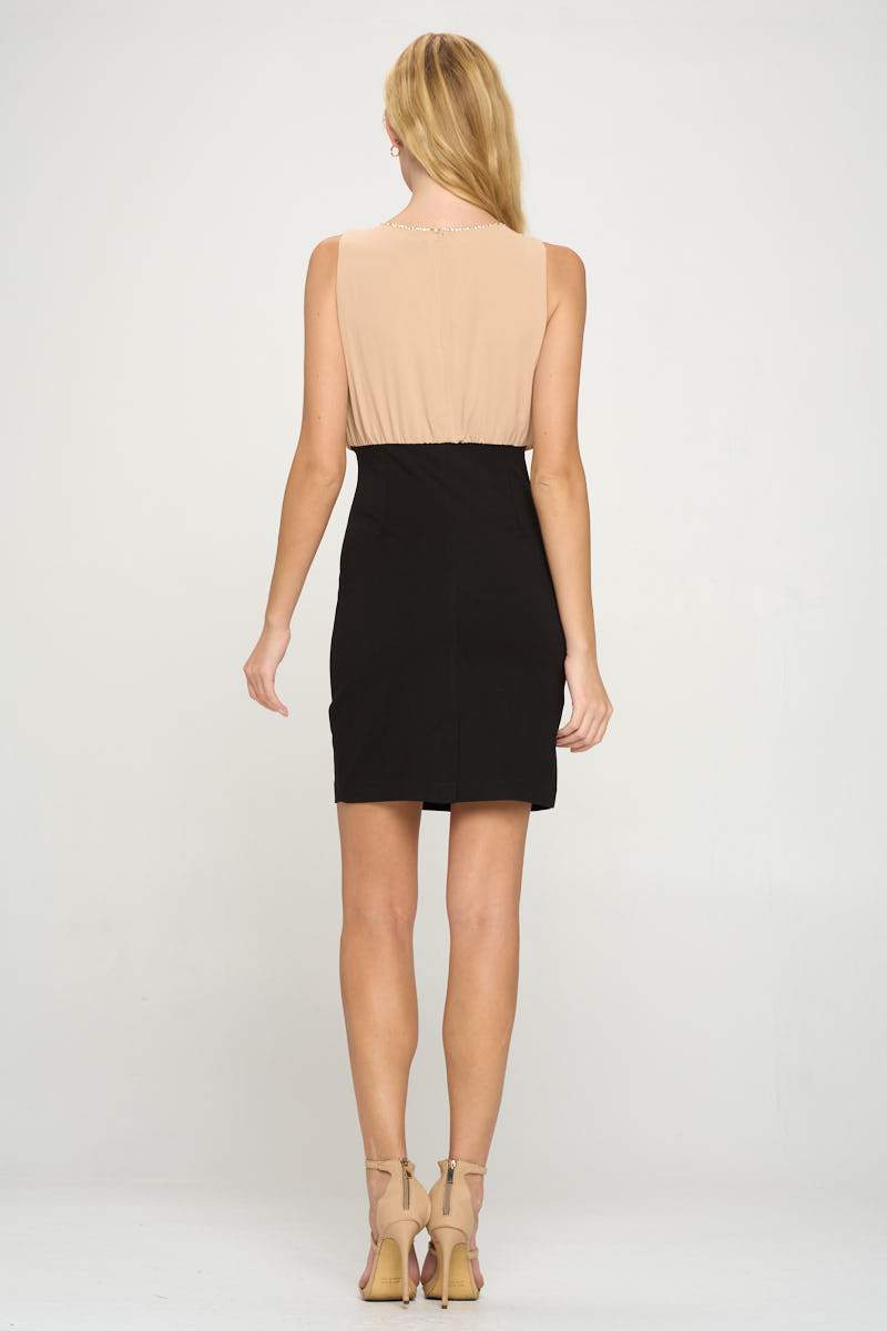 Two-Tone Fitted Dress with Rhinestone Neck