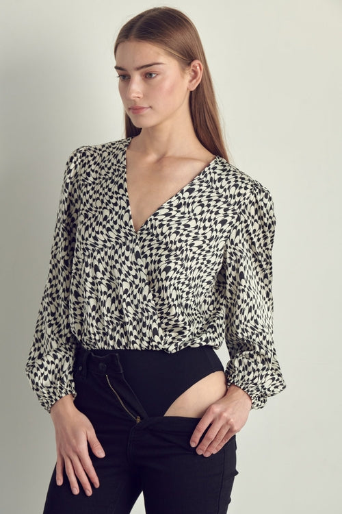 Abstract Print Surplice Bodysuit Blouse