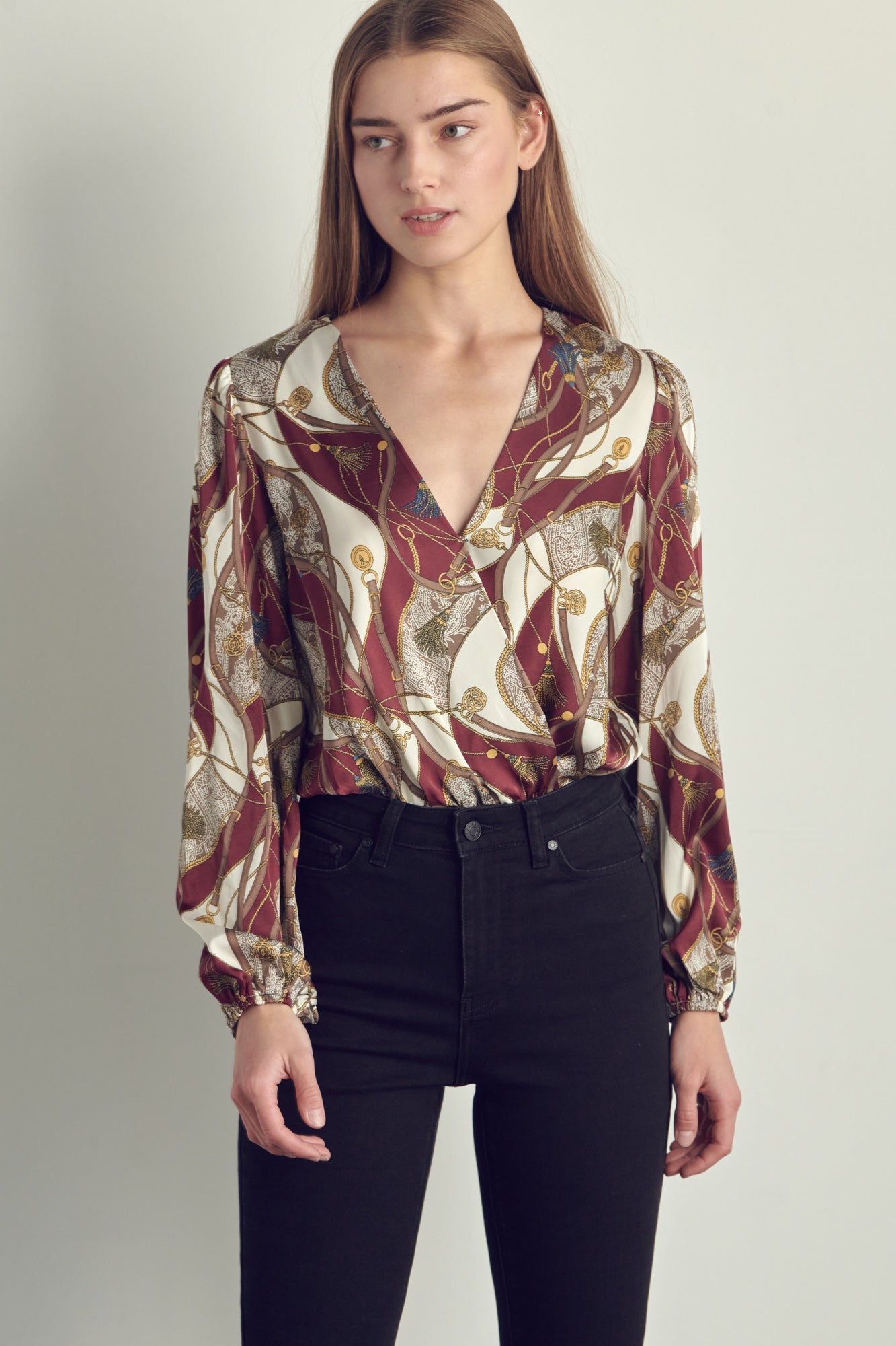 Abstract Print Surplice Bodysuit Blouse