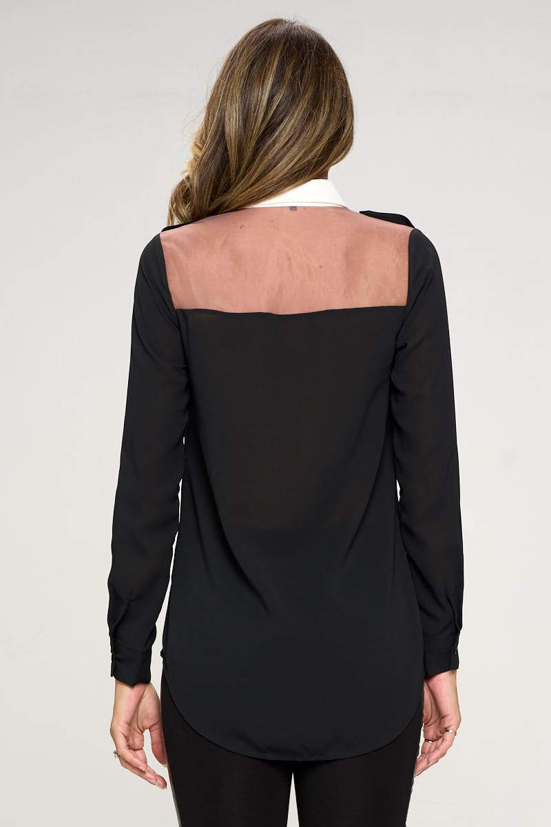 Sheer Yoke Collared Blouse