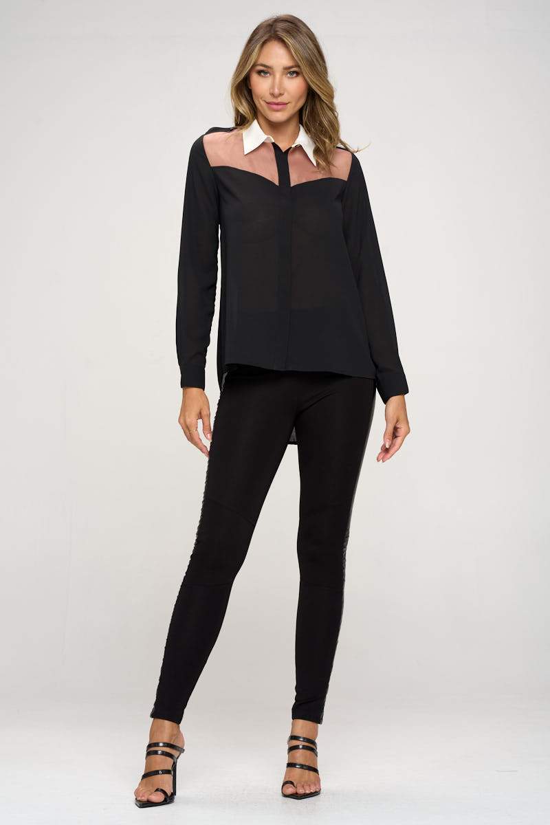 Sheer Yoke Collared Blouse