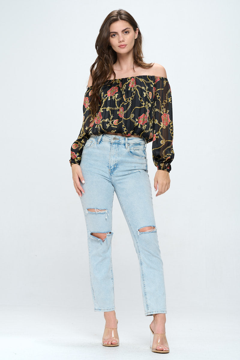 Chain Print Off-Shoulder Blouse