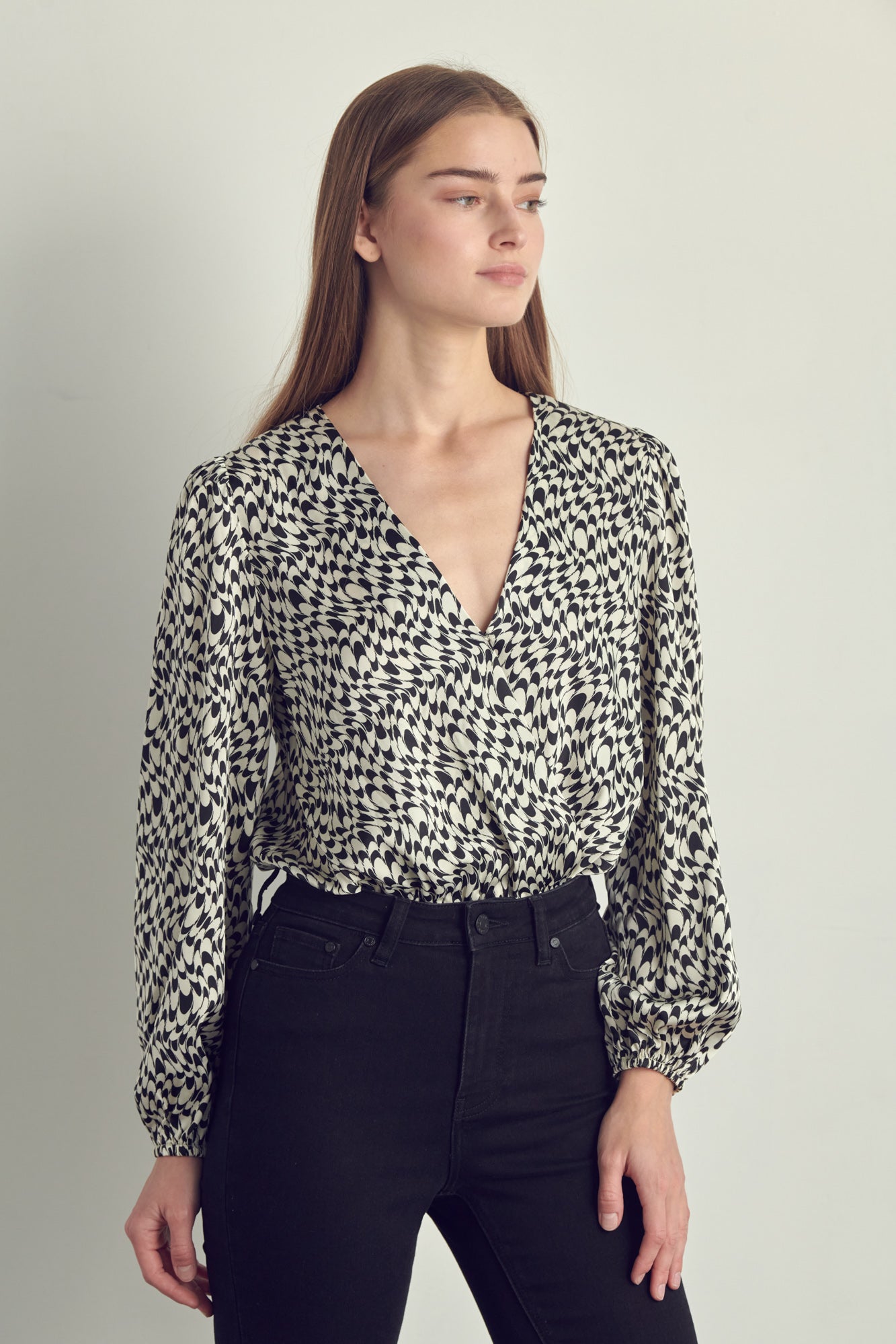 Abstract Print Surplice Bodysuit Blouse