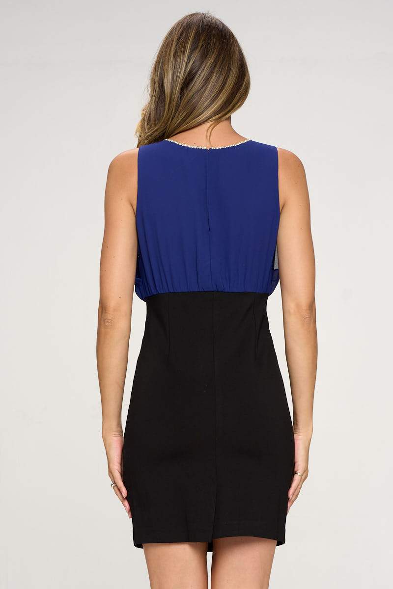 Two-Tone Fitted Dress with Rhinestone Neck