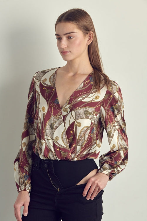 Abstract Print Surplice Bodysuit Blouse