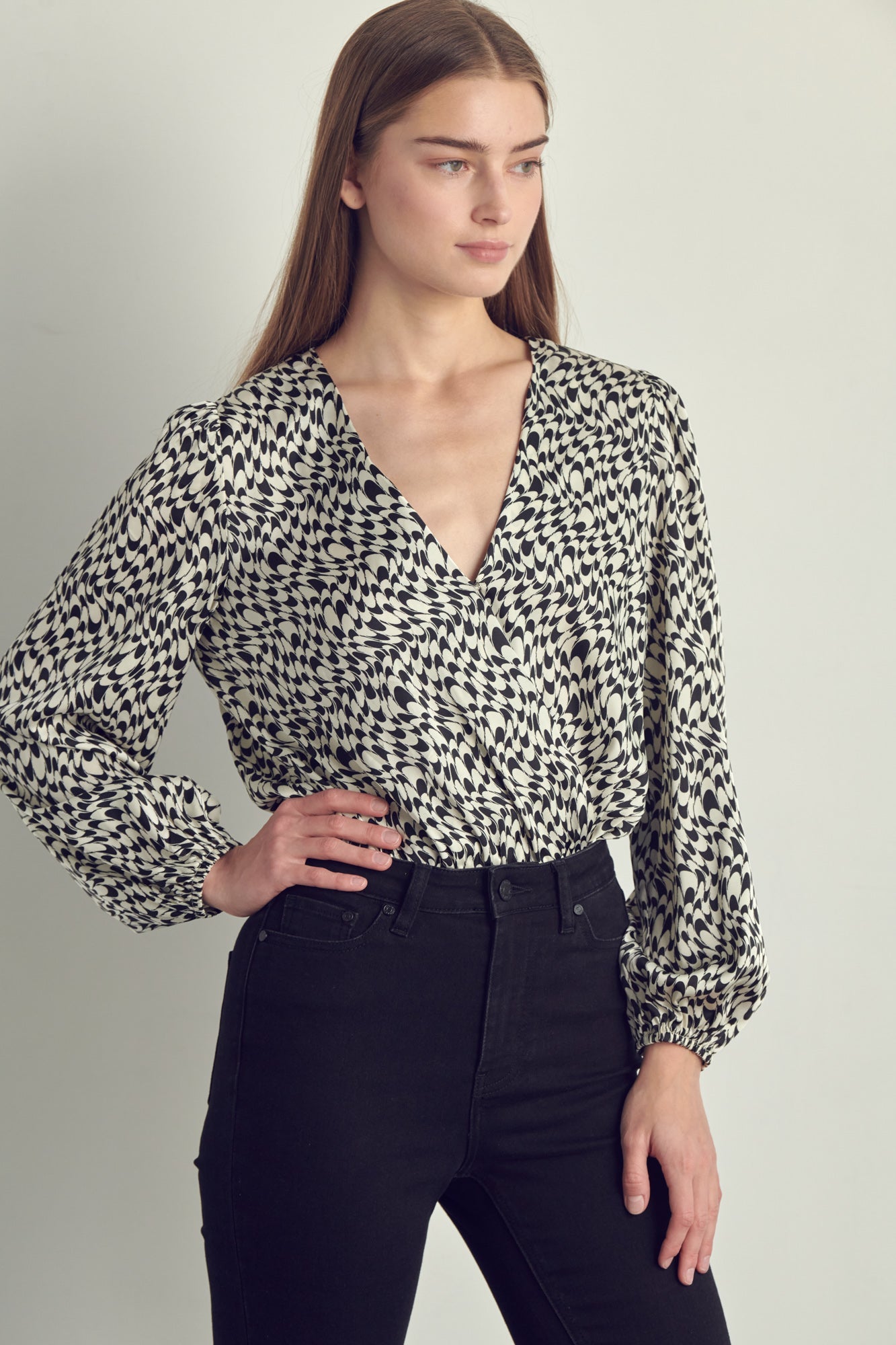 Abstract Print Surplice Bodysuit Blouse