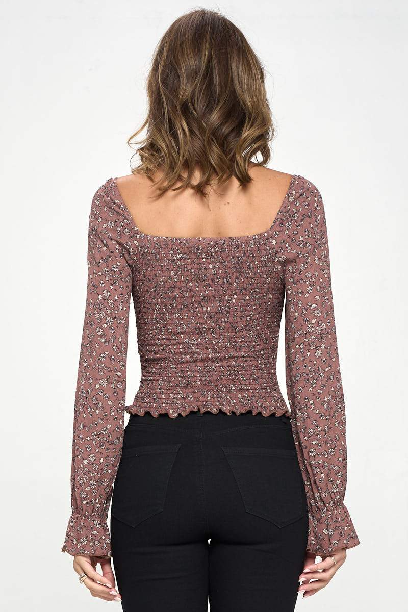 Smocked Floral Top with Long Sleeves