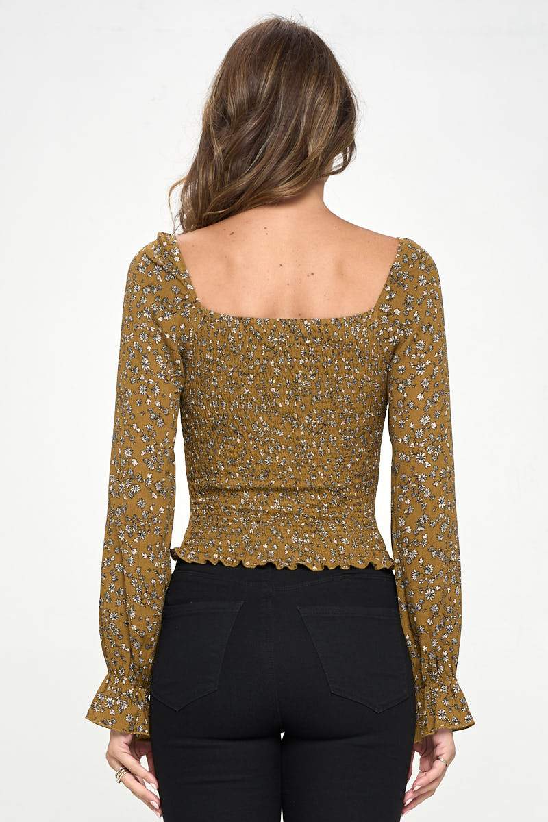 Smocked Floral Top with Long Sleeves