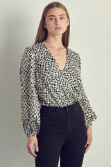 Abstract Print Surplice Bodysuit Blouse