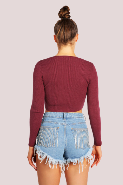 Rhinestone Detail Frayed Denim Shorts