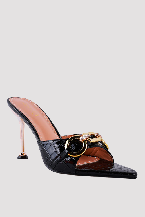 Croc Patent Pointed-Toe Slip-On Sandals