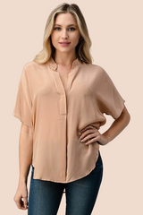 Silk Button-Up Dolman Sleeve Blouse