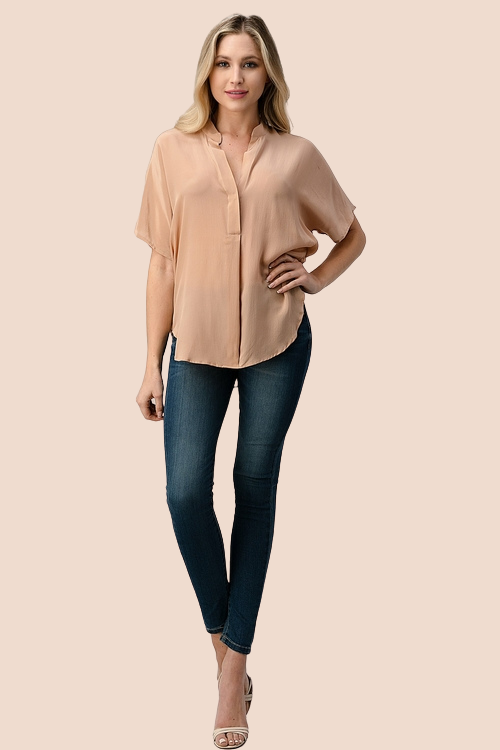 Silk Button-Up Dolman Sleeve Blouse