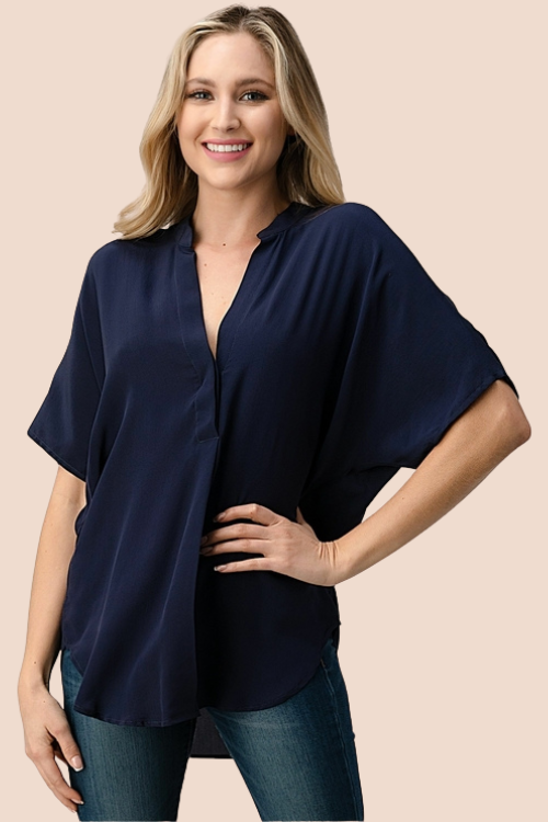 Silk Button-Up Dolman Sleeve Blouse