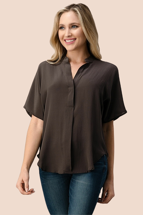 Silk Button-Up Dolman Sleeve Blouse