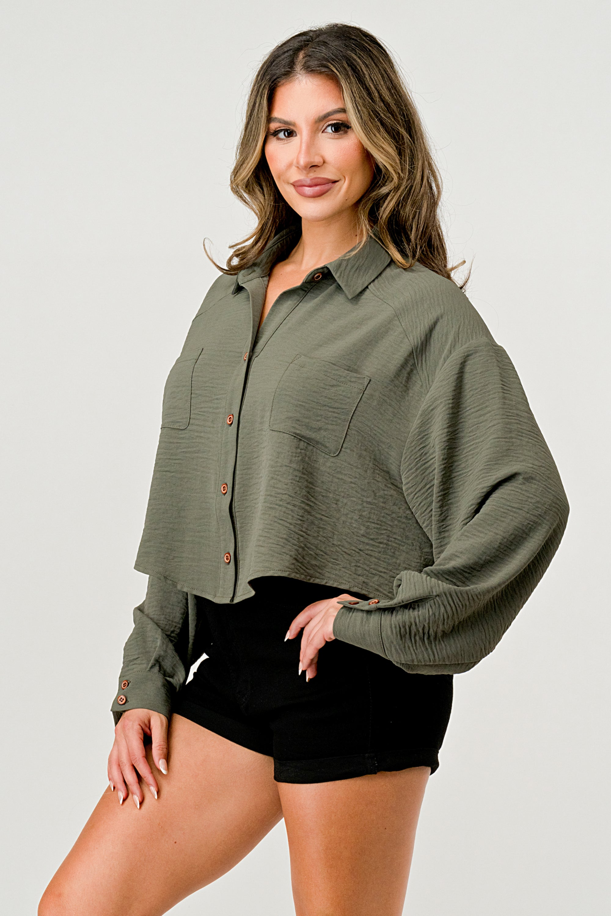 Oversized Cropped Button-Up Shirt