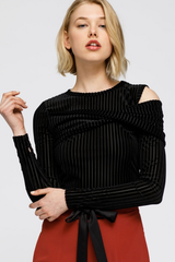 Open Shoulder Velvet Stripe Top