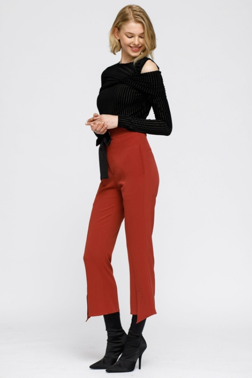 Open Shoulder Velvet Stripe Top