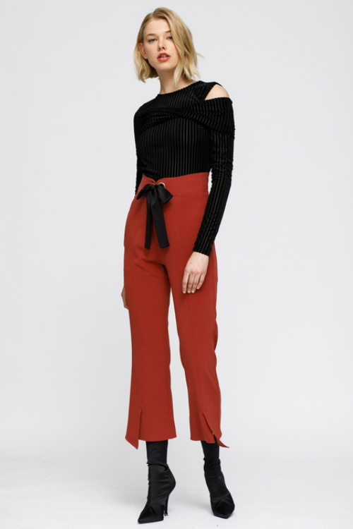 Open Shoulder Velvet Stripe Top
