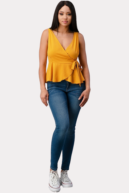 Side Tie Peplum Blouse with Wrap Front