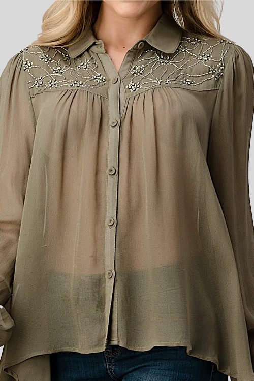 Sheer High-Low Blouse with Jewel Trim