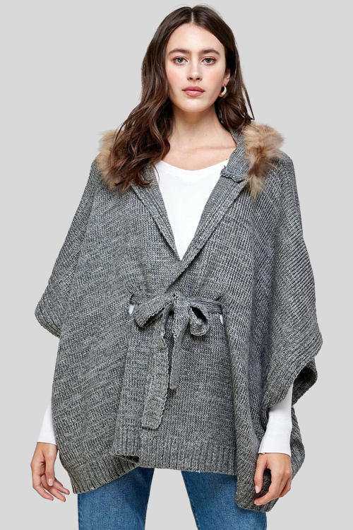 Faux Fur Trim Hooded Cape