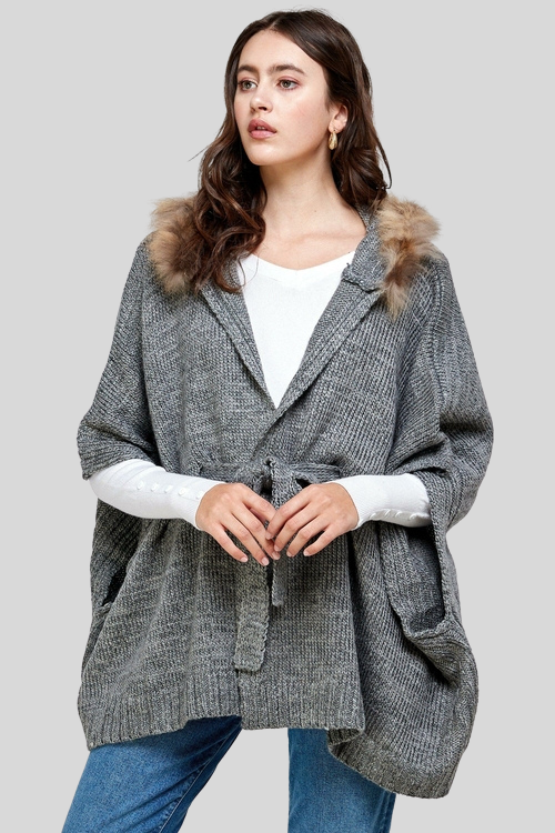Faux Fur Trim Hooded Cape