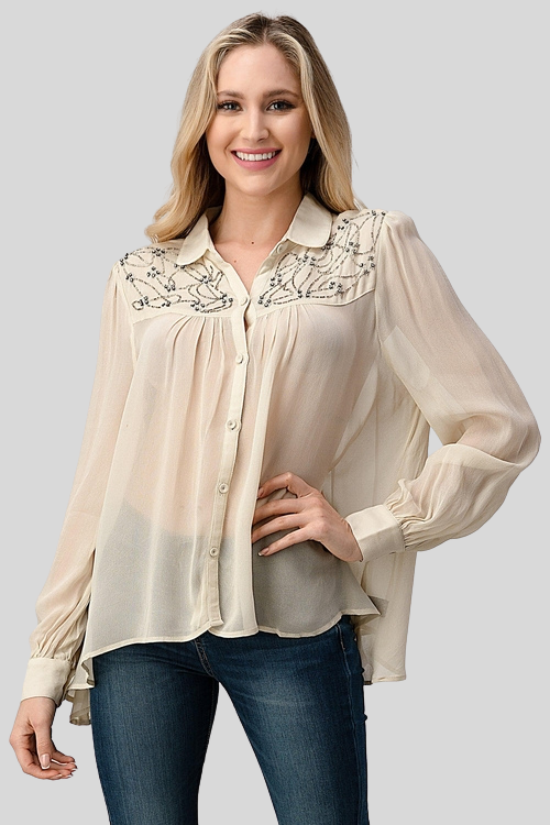 Sheer High-Low Blouse with Jewel Trim