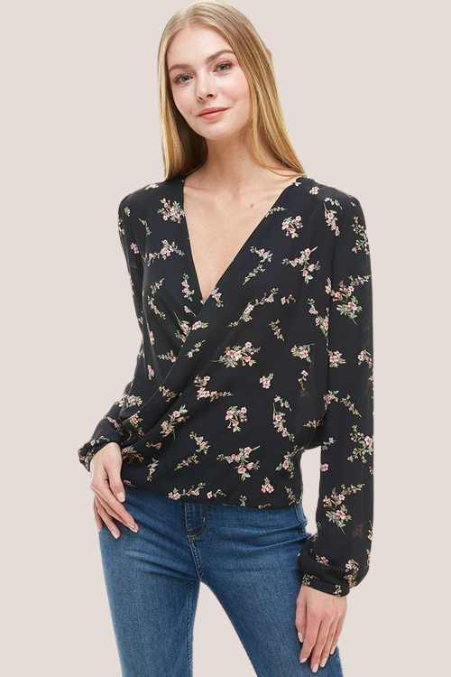 Floral Surplice Long Sleeve Top