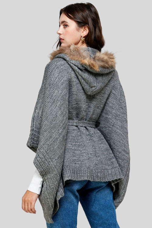 Faux Fur Trim Hooded Cape