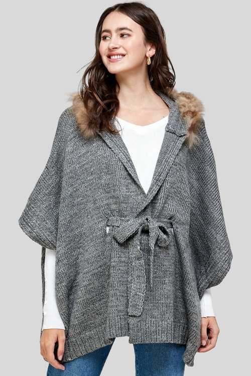 Faux Fur Trim Hooded Cape