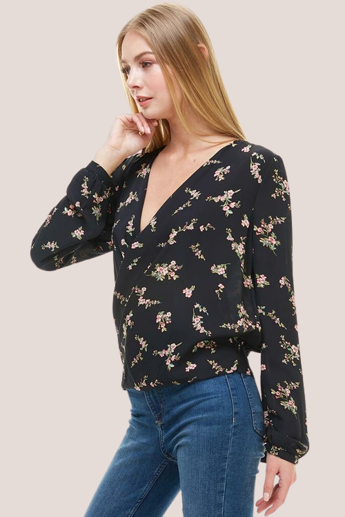 Floral Surplice Long Sleeve Top