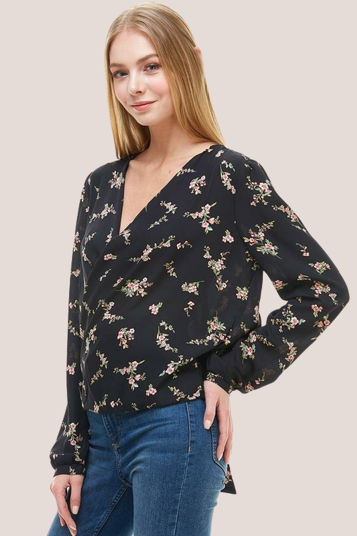 Floral Surplice Long Sleeve Top