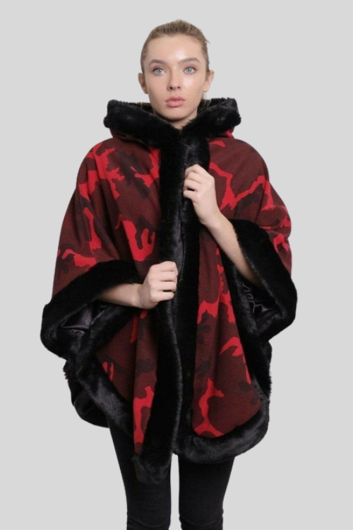 Faux Fur Trim Camo Cape with Hood – Jackets & Coats by Lumiark