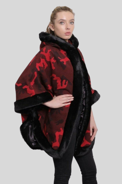 Faux Fur Trim Camo Cape with Hood – Jackets & Coats by Lumiark