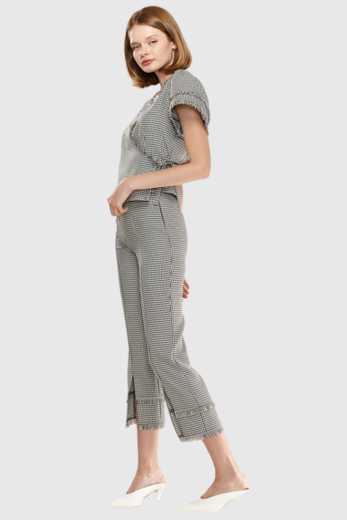 Fringe Slit Hem Gingham Pants