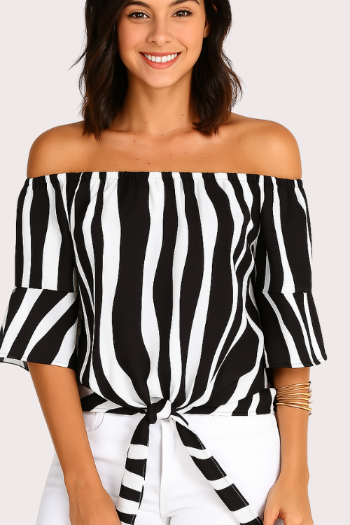 Off-Shoulder Striped Tie Blouse – Tops & Blouses by Lumiark