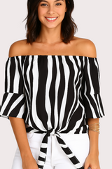 Off-Shoulder Striped Tie Blouse