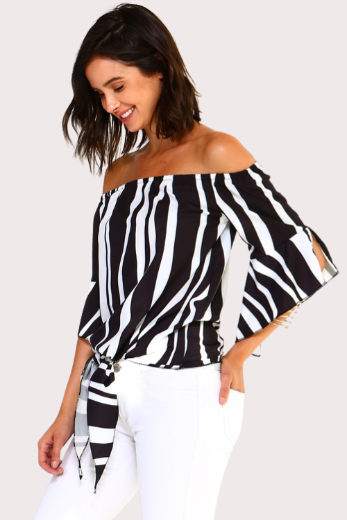 Off-Shoulder Striped Tie Blouse – Tops & Blouses by Lumiark