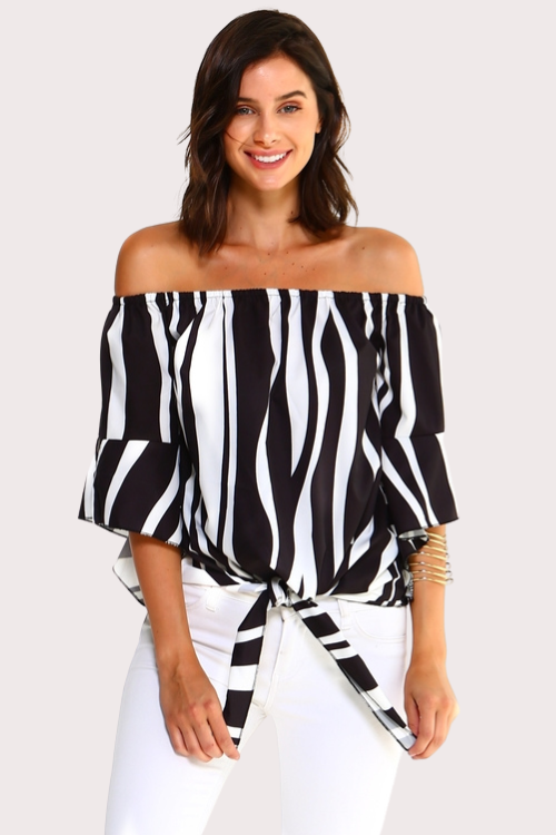 Off-Shoulder Striped Tie Blouse – Tops & Blouses by Lumiark