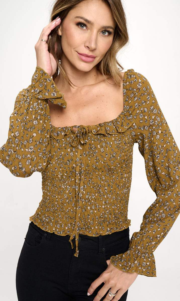 Smocked Floral Top with Long Sleeves