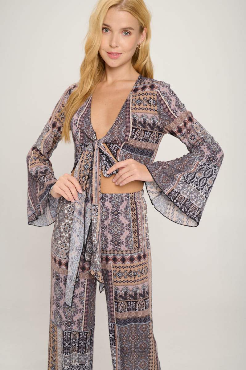 Boho Crop Tie-Front Set with Palazzo Pants