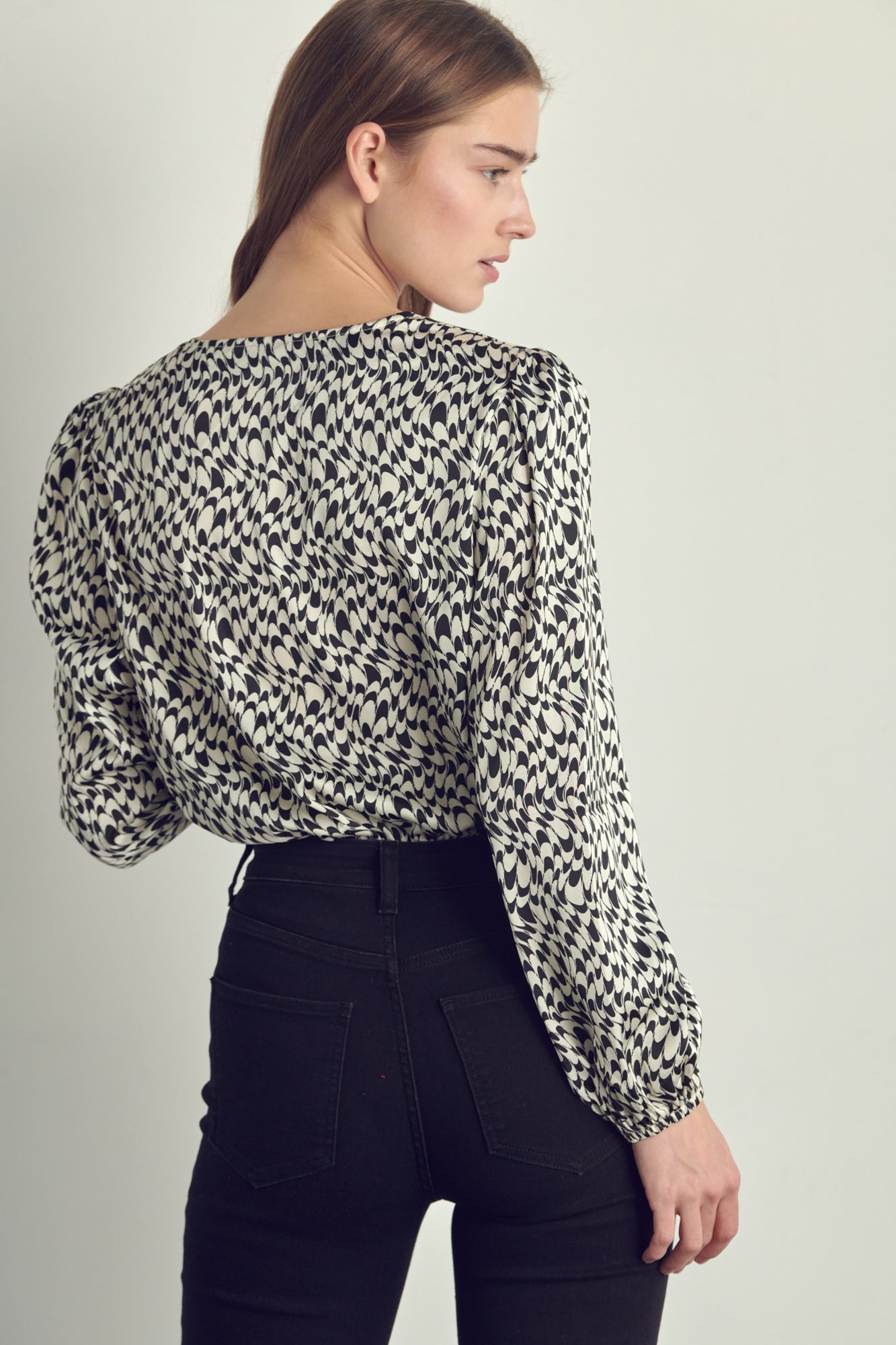 Abstract Print Surplice Bodysuit Blouse