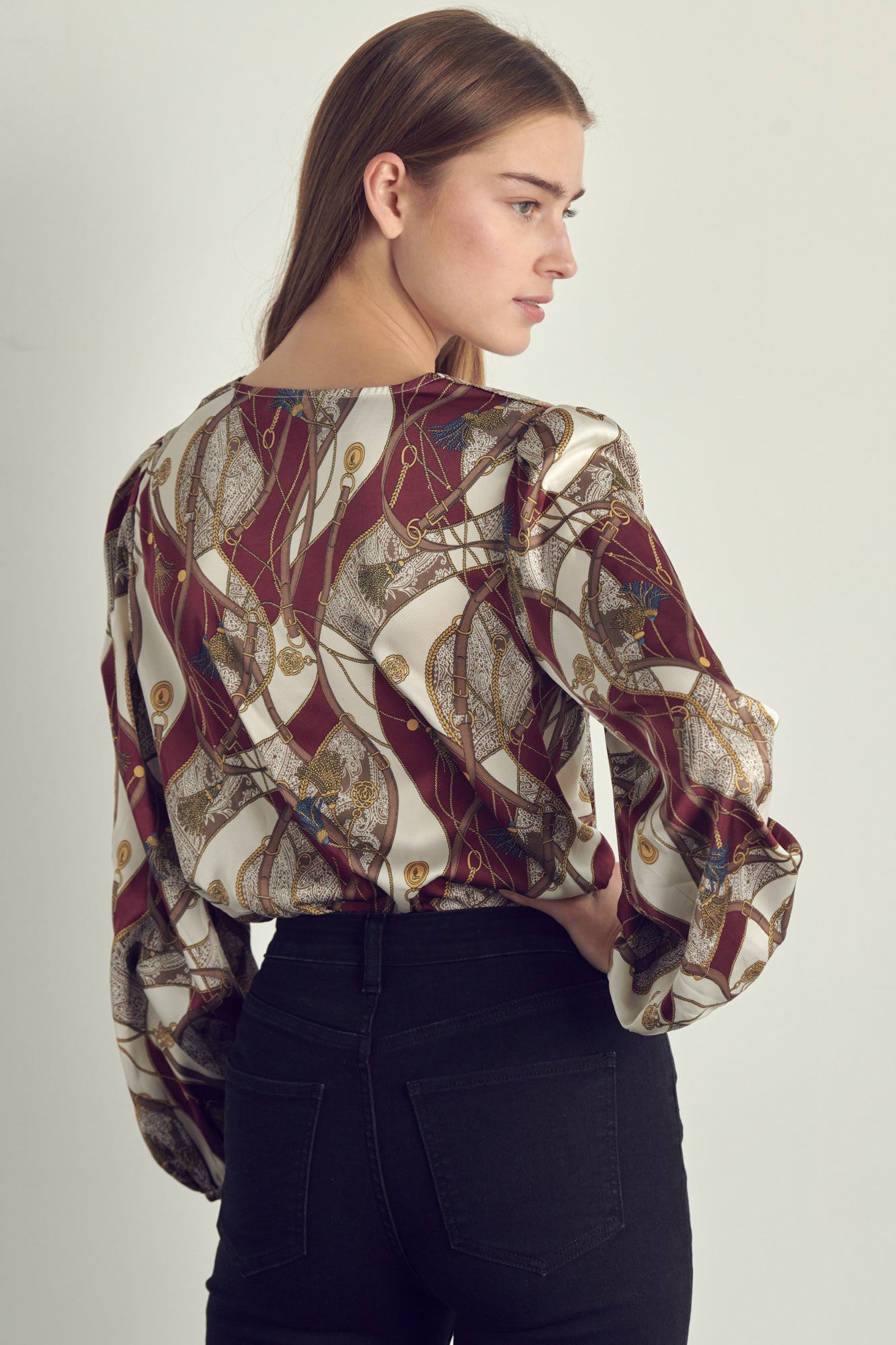 Abstract Print Surplice Bodysuit Blouse
