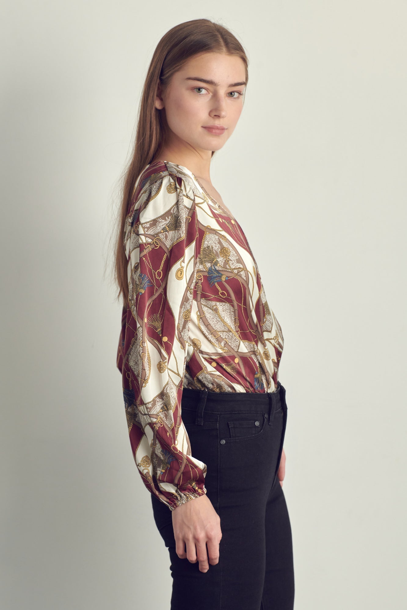 Abstract Print Surplice Bodysuit Blouse