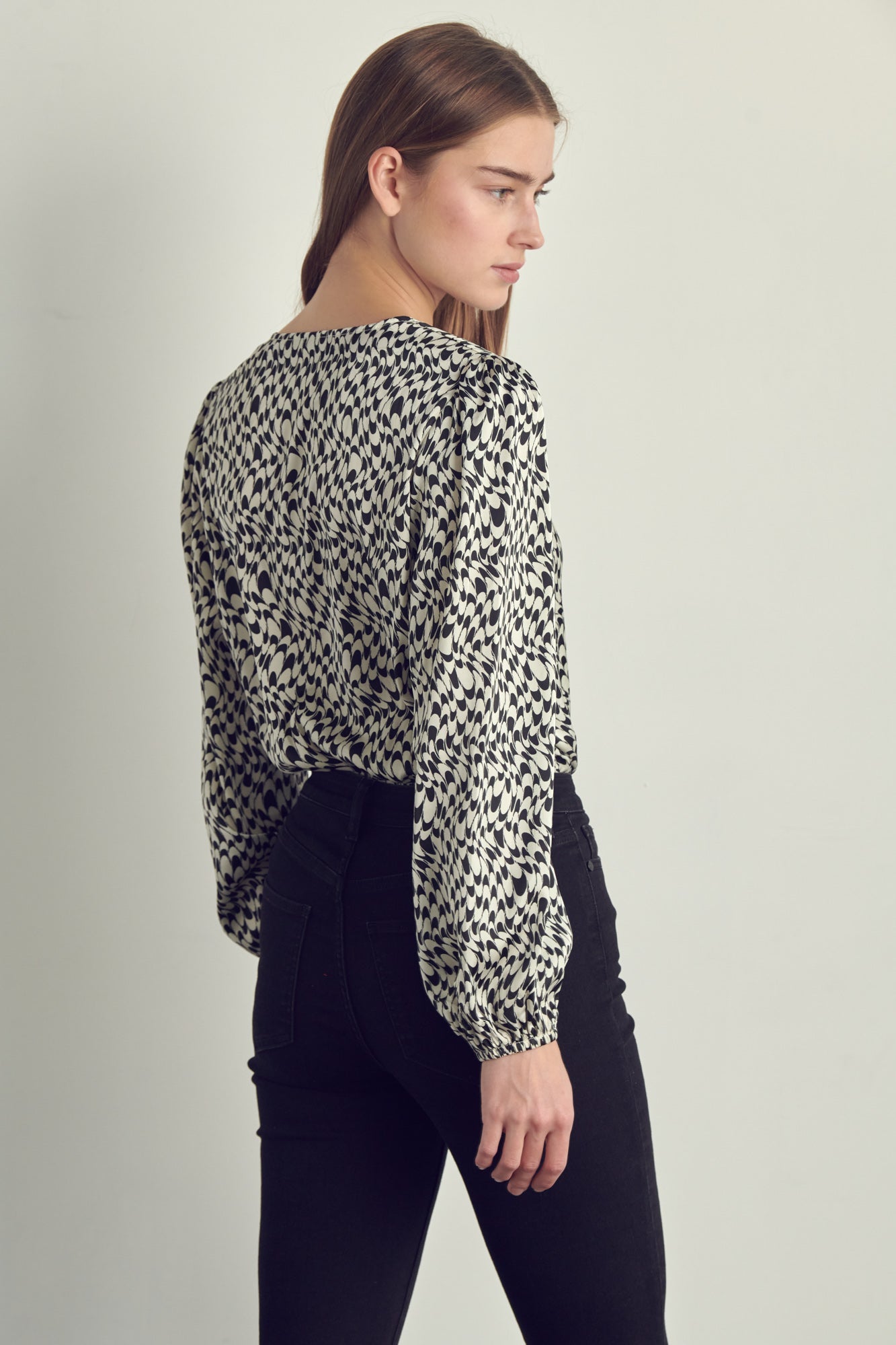 Abstract Print Surplice Bodysuit Blouse