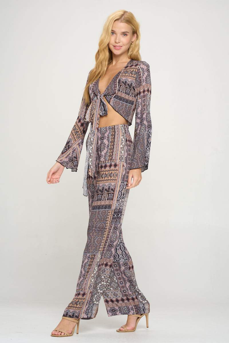 Boho Crop Tie-Front Set with Palazzo Pants