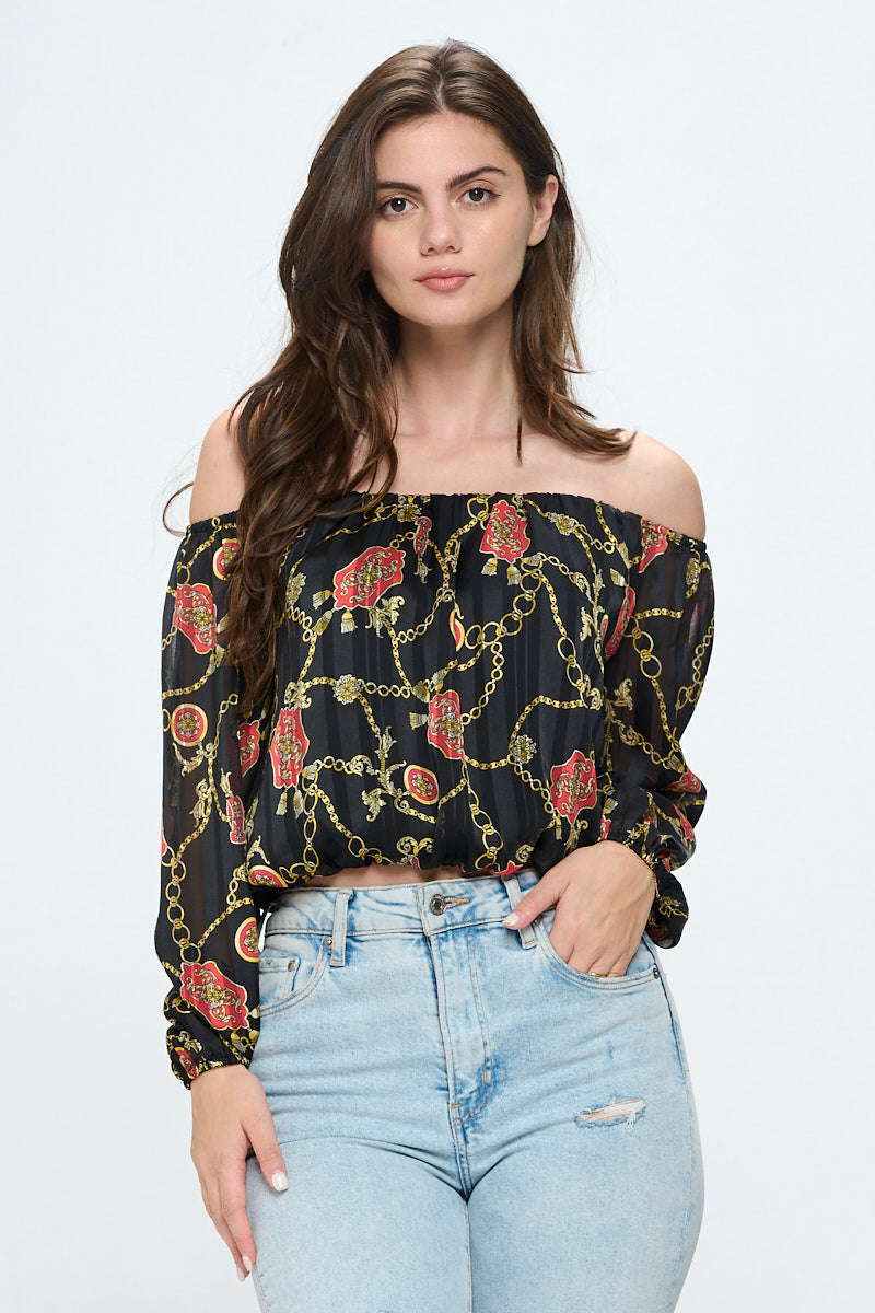 Chain Print Off-Shoulder Blouse