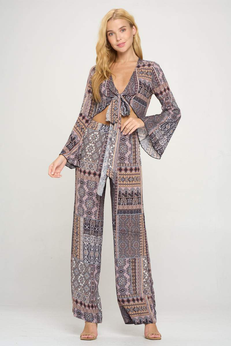 Boho Crop Tie-Front Set with Palazzo Pants