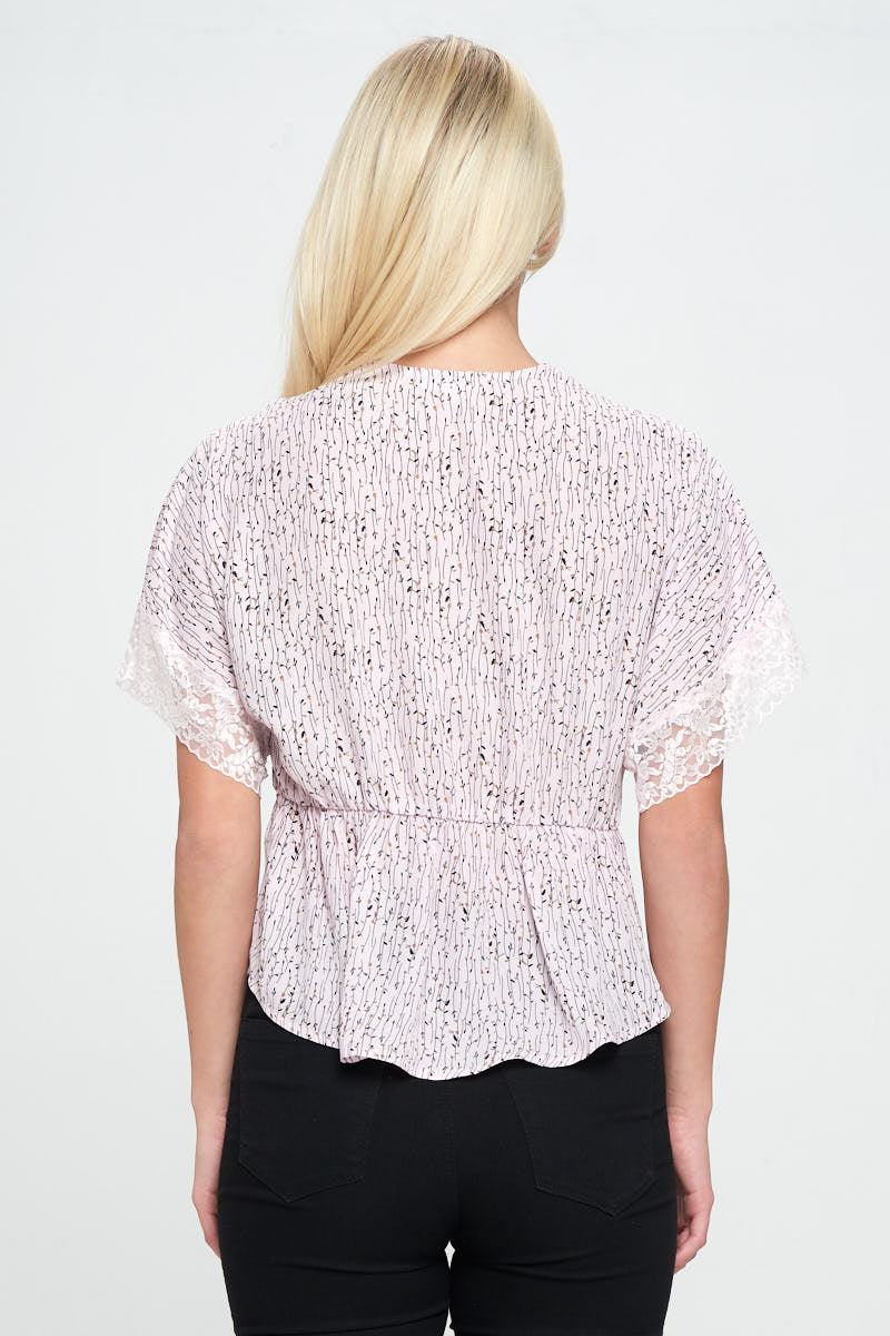 Lace V-Neck Shirred Blouse